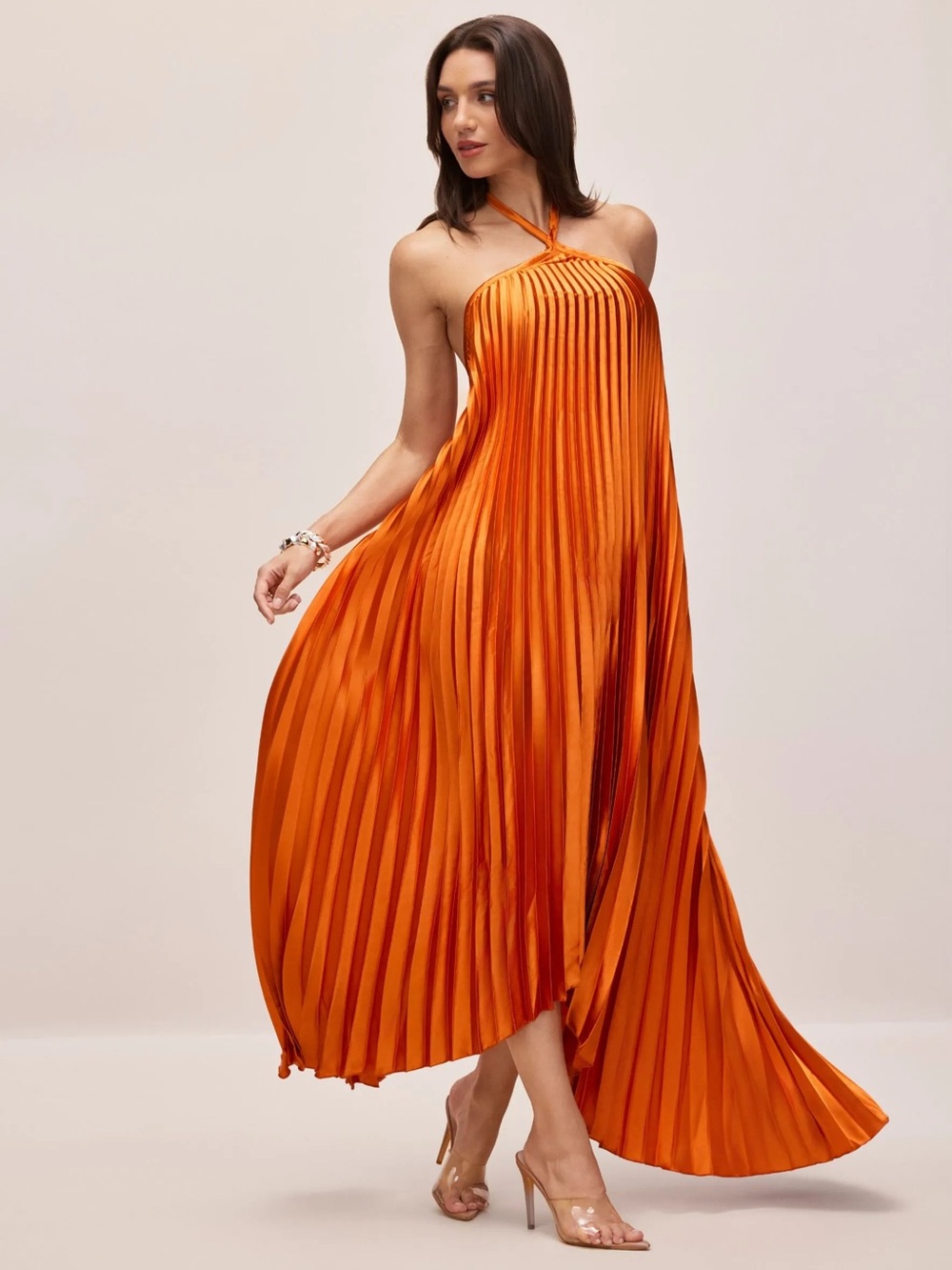 Sunfere - Novia Halter Neck Pleated Maxi Dress - Orange - Small